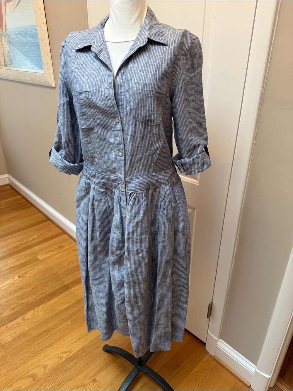 Malvin Linen Striped Blue Midi Shirt Dress with Button Front size S